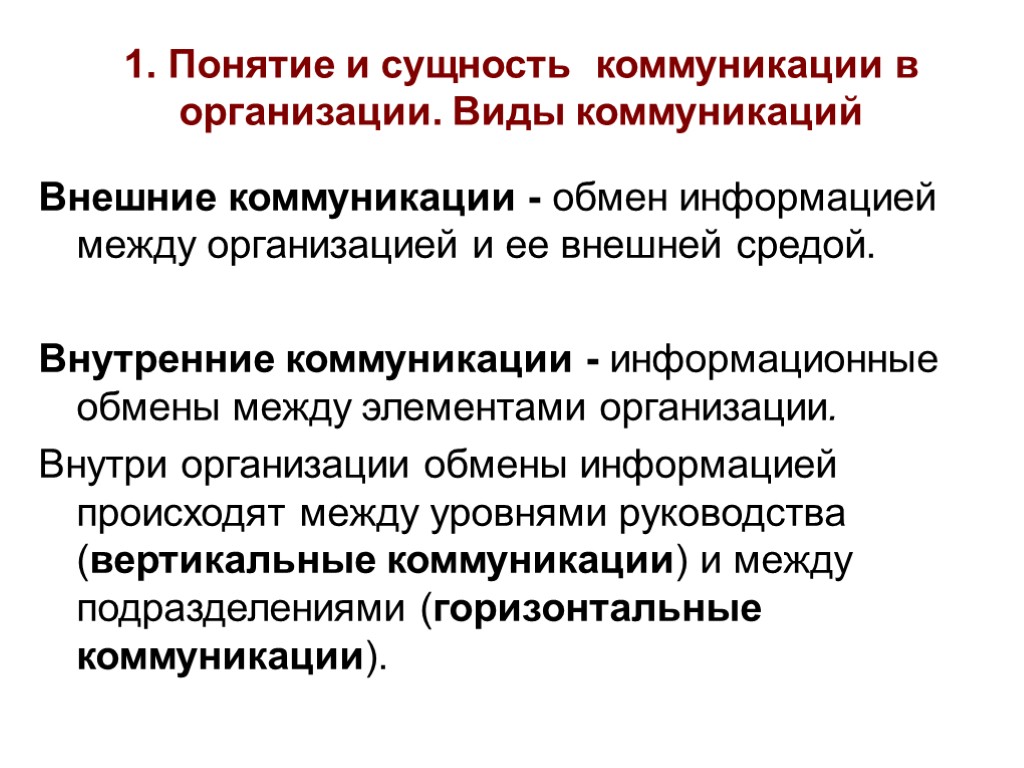 1. Понятие и сущность коммуникации в организации. Виды коммуникаций Внешние коммуникации - обмен информацией